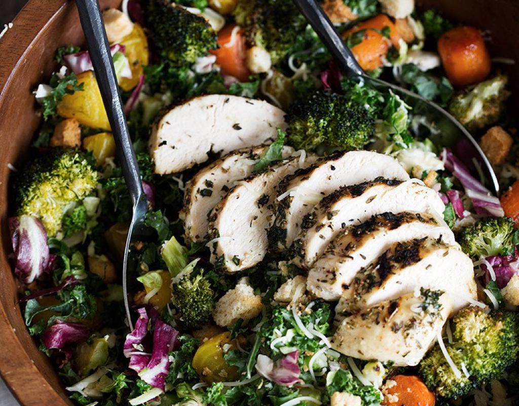 Kale Salad with Roasted Vegetables and Herb Roasted Chicken